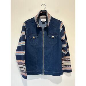 Serengeti jean jacket womens size S knit sleeves and collar zipper boho